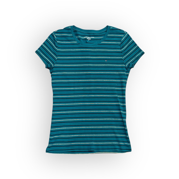 Tommy Hilfiger Women’s Striped T-Shirt Size M Green/Gold Short Sleeve Logo Tee - Picture 2 of 7